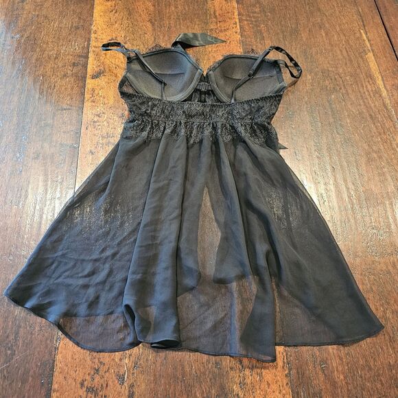 Black Sheer Lace Babydoll 36B Bow Flyaway Nightie Romanticcore Coquette Boudoir - Picture 8 of 9